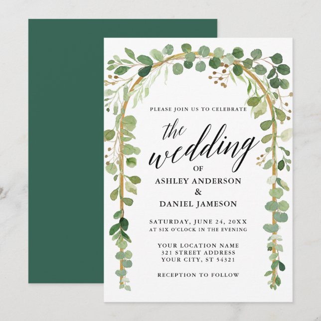 Watercolor Botanical Calligraphy Gold Arch Wedding Invitation (Front/Back)