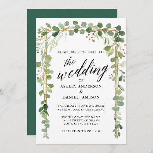 Watercolor Botanical Calligraphy Gold Wedding Invitation