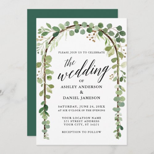 Watercolor Botanical Calligraphy Wood Arch Wedding Invitation