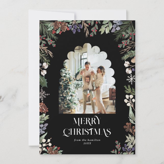 Watercolor Botanical Christmas Arch Photo Holiday Card (Front)