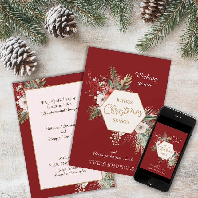 Watercolor Botanical Christmas Custom Name Red Holiday Card (Creator Uploaded)