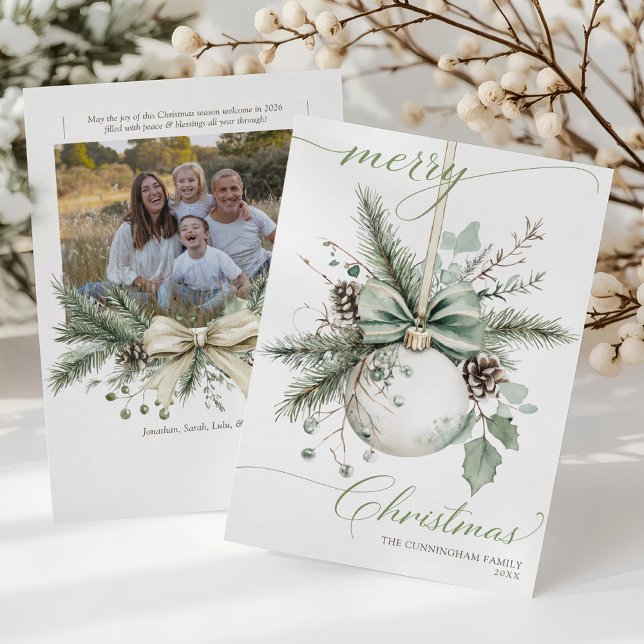 Watercolor Botanical Christmas Ornament Photo Holiday Card (Watercolor botanical greenery ornament elegant Merry Christmas script gold bow photo holiday cards)