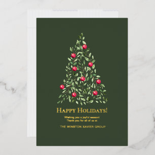 Watercolor Botanical Christmas Tree Elegant Gold Foil Holiday Card