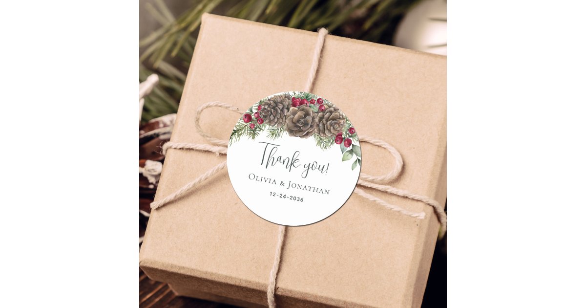 Watercolor Botanical Christmas Wedding Thank You Classic Round Sticker ...