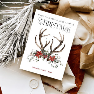 Watercolor Botanical Christmas Wreath With Stag Holiday Card