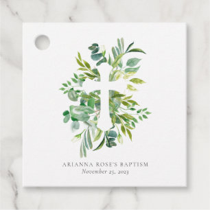 Watercolor Botanical Cross Baptism Thank You Favor Tags