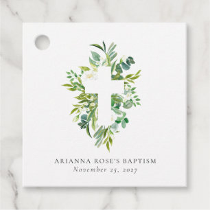 Watercolor Botanical Cross Greenery Baptism Favor Tags