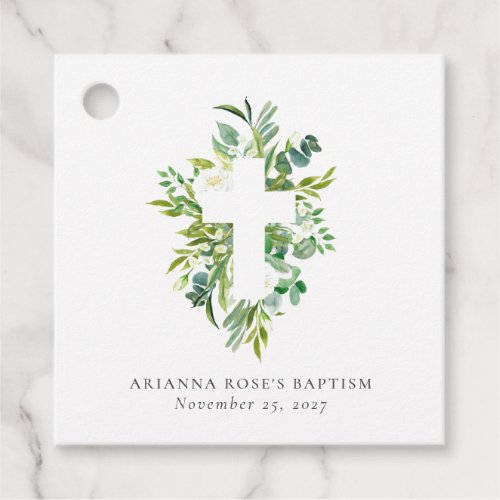 Watercolor Botanical Cross Greenery Baptism  Favor Tags