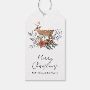 Watercolor Botanical Deer Christmas Holiday Gift Tags
