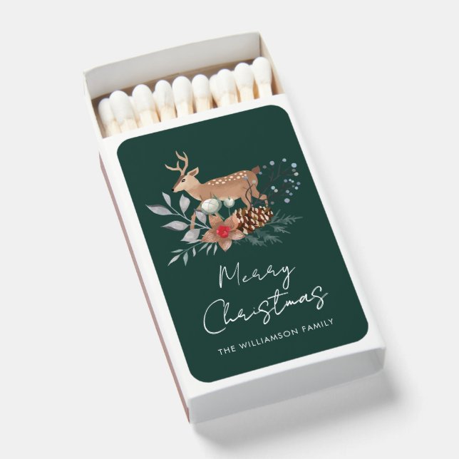 Watercolor Botanical Deer Christmas Holiday Matchboxes (Front Open)