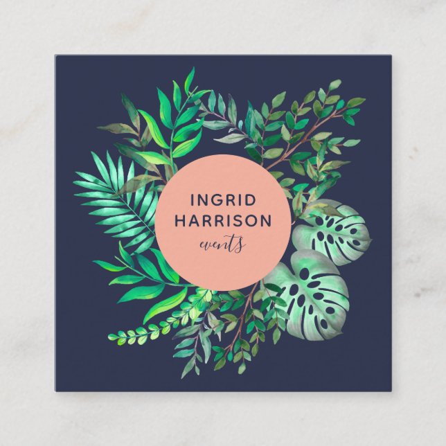 Watercolor botanical elegant blue pink events square business card (Front)