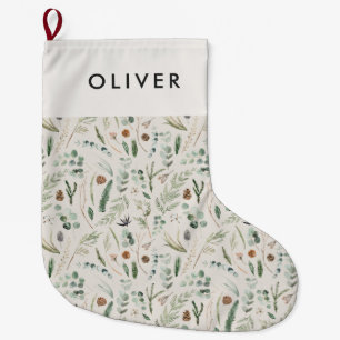 Watercolor botanical elegant modern family gift large christmas stocking