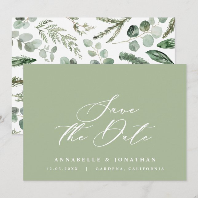 Watercolor botanical elegant script non photo save the date (Front/Back)
