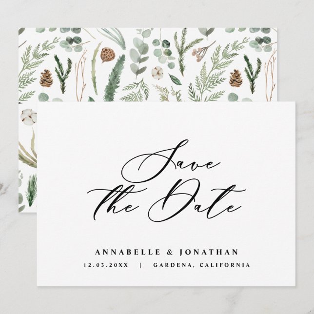 Watercolor botanical elegant script non photo save the date (Front/Back)
