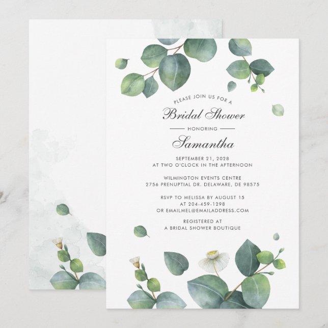 Watercolor Botanical Eucalyptus Bridal Shower Invitation (Front/Back)