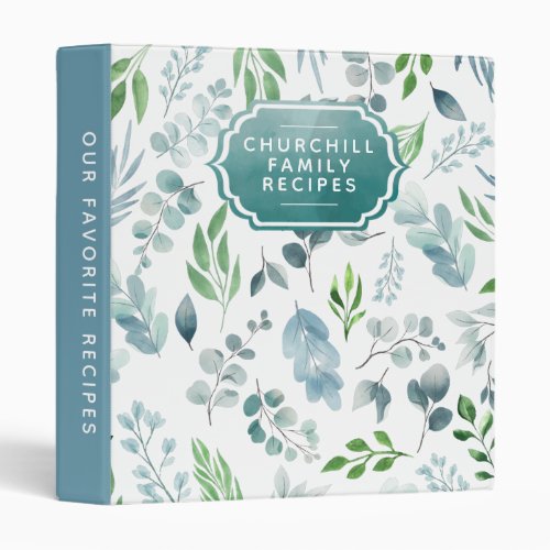 Watercolor Botanical Eucalyptus Cookbook Recipe 3 Ring Binder