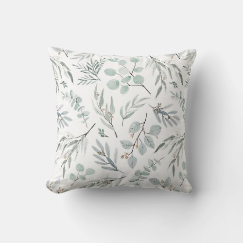 Watercolor Botanical Eucalyptus Leaves Leafy Green Throw Pillow