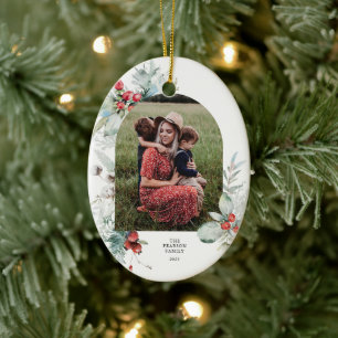 Watercolor Botanical Floral Arch Photo Christmas Ceramic Ornament