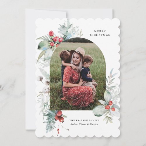 Watercolor Botanical Floral Arch Photo Christmas  Holiday Card