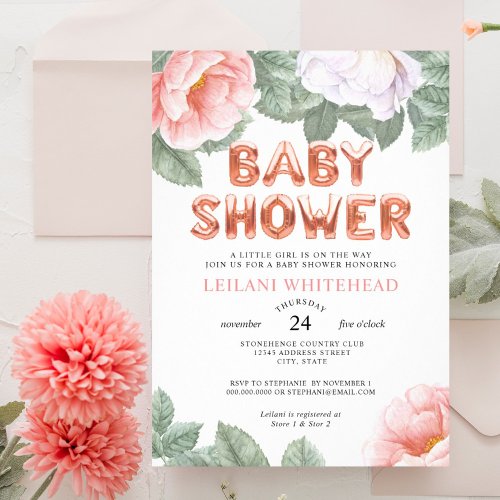 Watercolor Botanical Floral Balloon Baby Shower Invitation