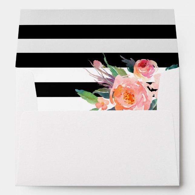 Watercolor Botanical Floral Black White Stripes Envelope (Back (Bottom))