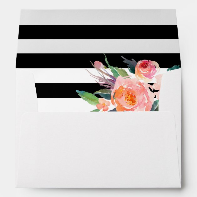 Watercolor Botanical Floral Black White Stripes Envelope