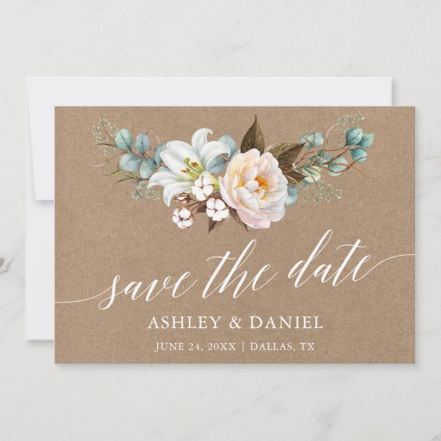 Watercolor Botanical Floral Calligraphy Kraft Save The Date (Front)