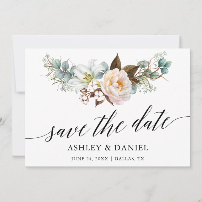 Watercolor Botanical Floral Calligraphy Save The Date (Front)