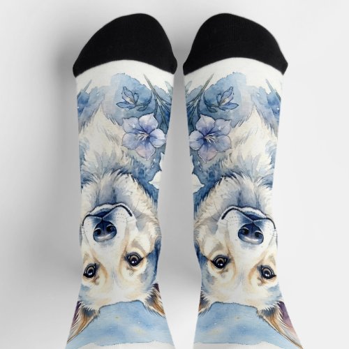 Watercolor Botanical Floral Dog Portrait Socks