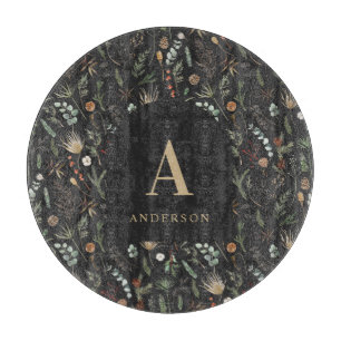 Watercolor botanical floral moody black modern cutting board