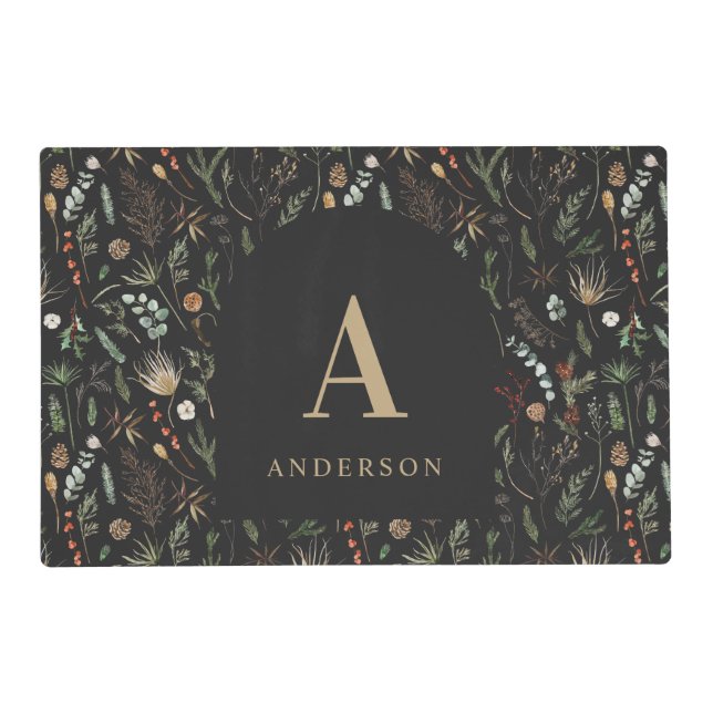 Watercolor botanical floral moody black modern pla placemat (Front)