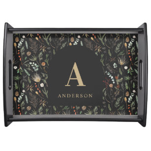Watercolor botanical floral moody black modern serving tray