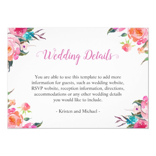 Watercolor Botanical Floral Wedding Details Info Card
