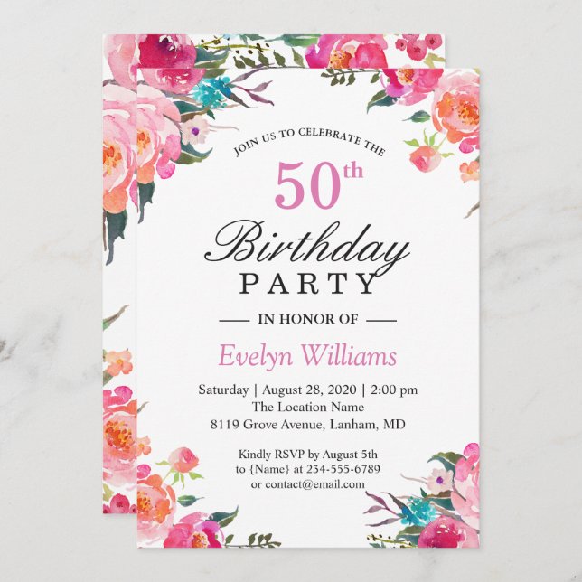 Watercolor Botanical Floral Wreath Birthday Party Invitation (Front/Back)