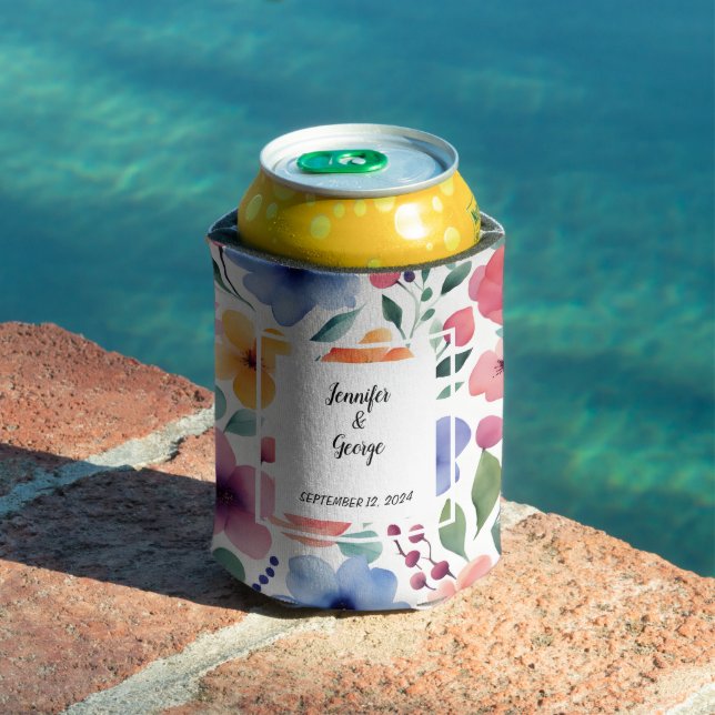 Watercolor botanical flowers bride groom Wedding Can Cooler (In Situ Pool)