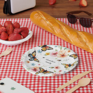 Watercolor botanical flowers elegant monogrammed paper plates