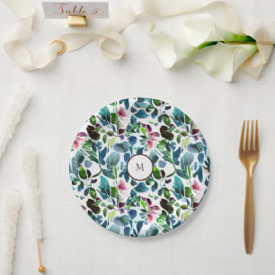 Watercolor botanical flowers elegant monogrammed paper plates