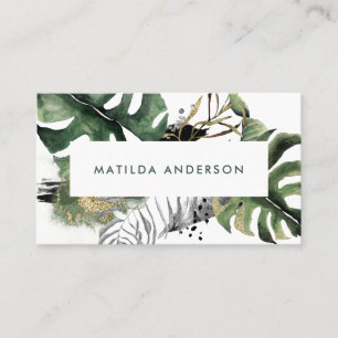 Watercolor botanical foliage and gold details business card