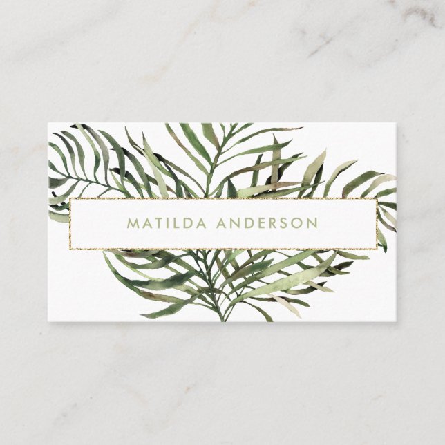 Watercolor botanical foliage and gold details business card (Front)