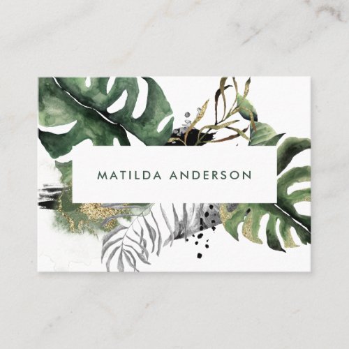 Watercolor botanical foliage and gold details business card