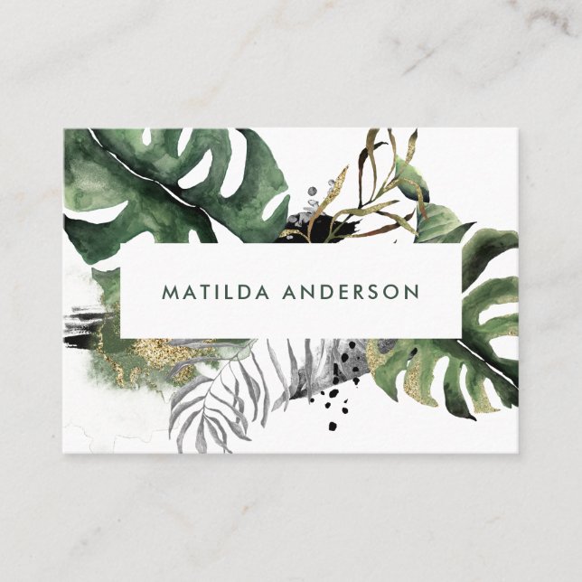 Watercolor botanical foliage and gold details business card (Front)