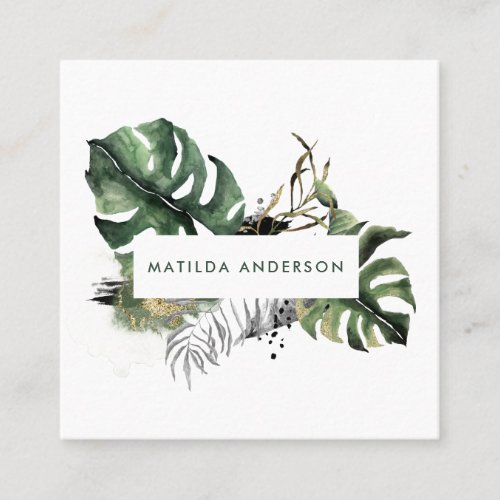 Watercolor botanical foliage and gold details square business card