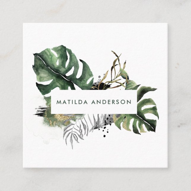 Watercolor botanical foliage and gold details square business card (Front)