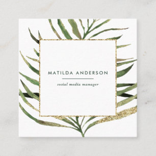 Watercolor botanical foliage and gold details square business card