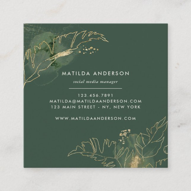 Watercolor botanical foliage and gold details square business card (Front)