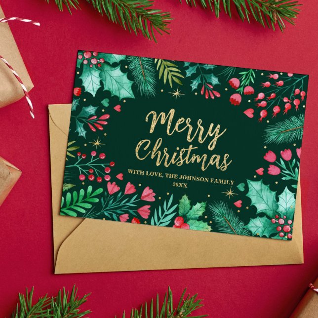 Watercolor Botanical Foliage Christmas Foil Holiday Card (Watercolor Botanical Foliage Christmas Foil Holiday Card)