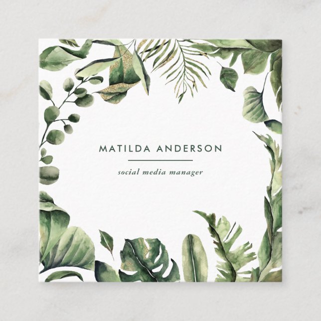 Watercolor botanical foliage square business card (Front)