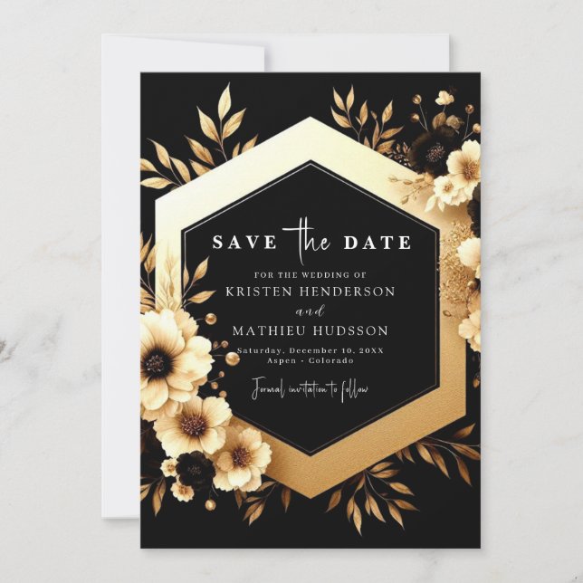 Watercolor Botanical Gold and Black Wedding Save The Date (Front)