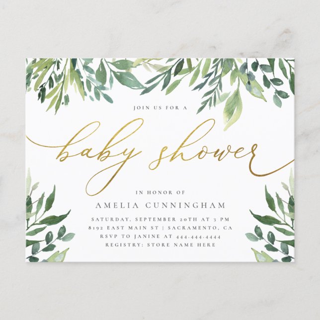Watercolor Botanical Gold Calligraphy Baby Shower Invitation Postcard (Front)