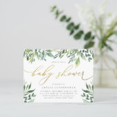Watercolor Botanical Gold Calligraphy Baby Shower Invitation Postcard (Standing Front)